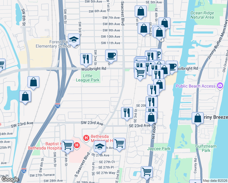 map of restaurants, bars, coffee shops, grocery stores, and more near 2019 South Seacrest Boulevard in Boynton Beach
