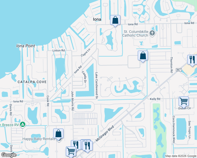 map of restaurants, bars, coffee shops, grocery stores, and more near 15740 Lake Candlewood Drive in Fort Myers