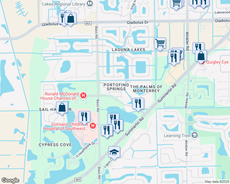 map of restaurants, bars, coffee shops, grocery stores, and more near Montebello Way in Fort Myers