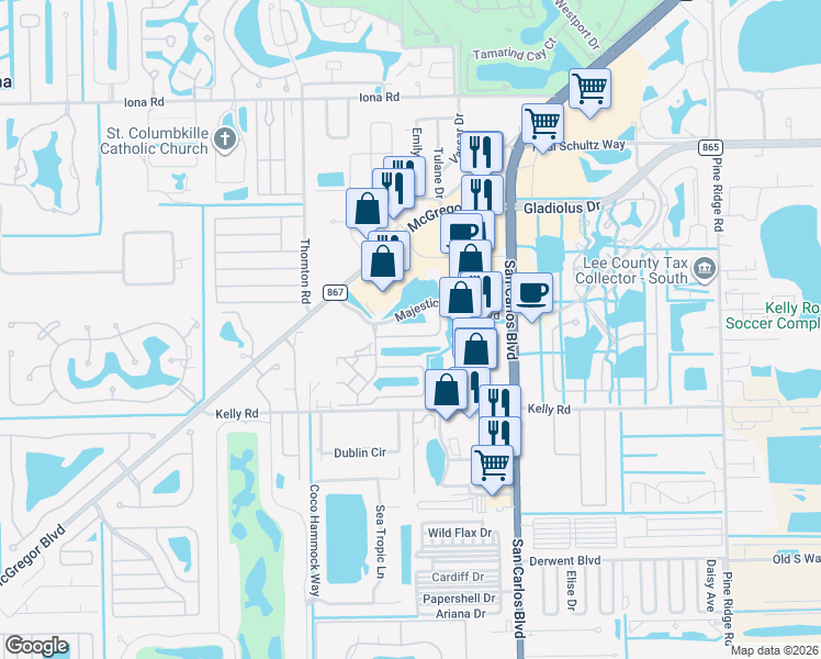 map of restaurants, bars, coffee shops, grocery stores, and more near 11630 Marino Court in Fort Myers