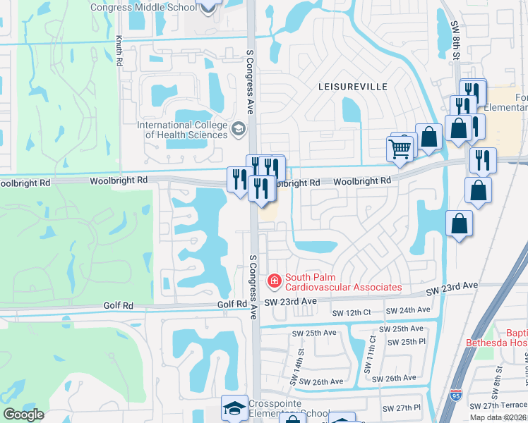 map of restaurants, bars, coffee shops, grocery stores, and more near 1660 South Congress Avenue in Boynton Beach