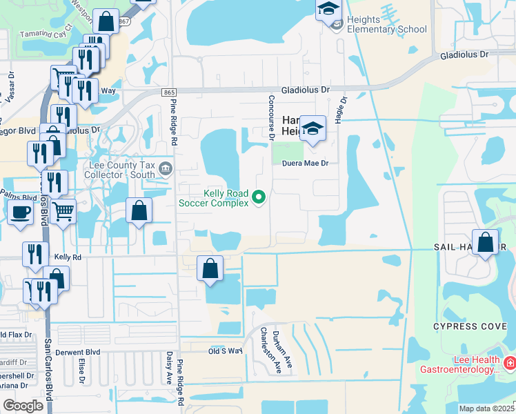 map of restaurants, bars, coffee shops, grocery stores, and more near 10750 Kelly Road in Fort Myers