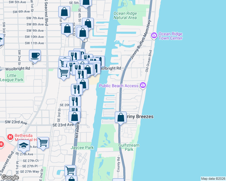 map of restaurants, bars, coffee shops, grocery stores, and more near T-207 North Ibis Drive in Briny Breezes
