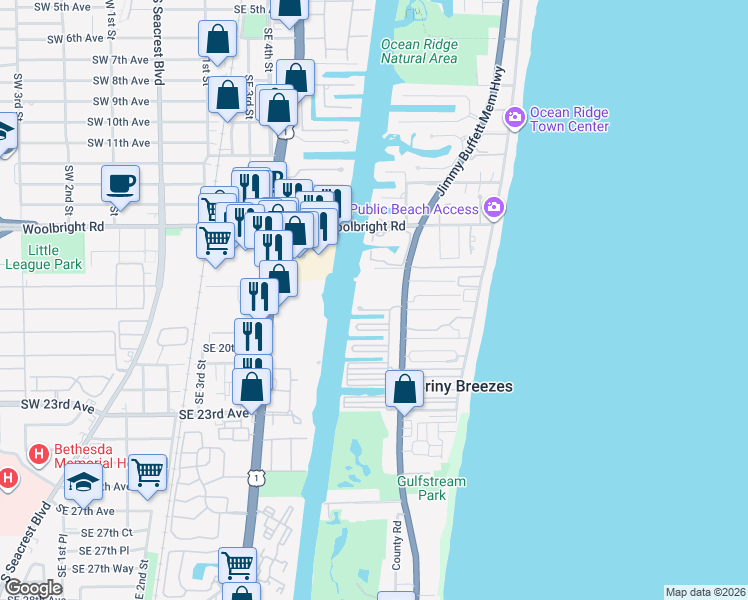 map of restaurants, bars, coffee shops, grocery stores, and more near T-207 North Ibis Drive in Briny Breezes
