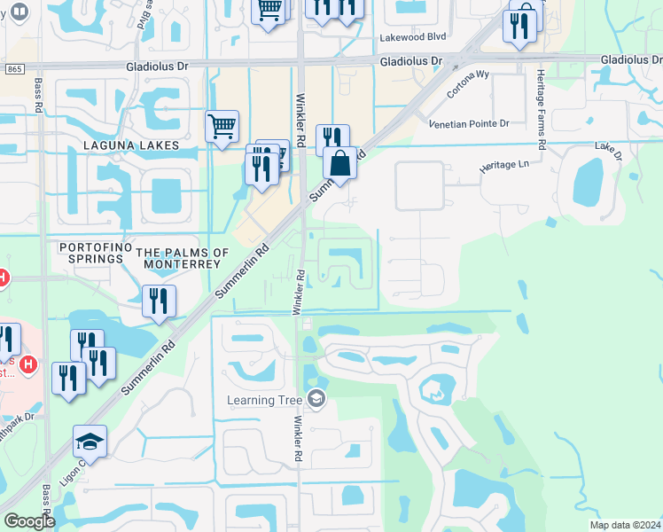 map of restaurants, bars, coffee shops, grocery stores, and more near Prentiss Pointe Circle in Fort Myers