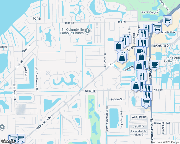map of restaurants, bars, coffee shops, grocery stores, and more near 12135 Hibiscus Drive in Fort Myers