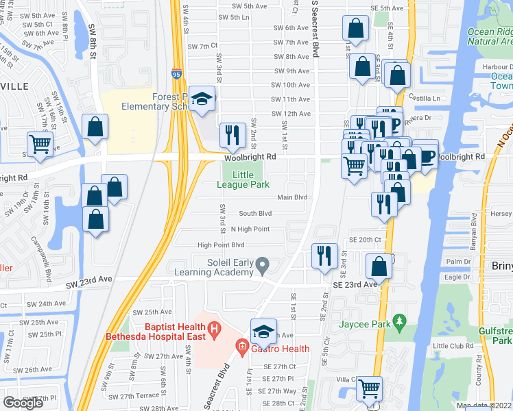 map of restaurants, bars, coffee shops, grocery stores, and more near 200 South Boulevard in Boynton Beach