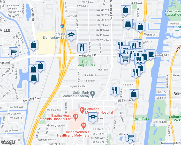 map of restaurants, bars, coffee shops, grocery stores, and more near 215 South Boulevard in Boynton Beach