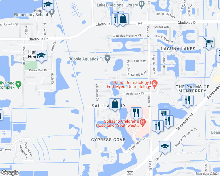 map of restaurants, bars, coffee shops, grocery stores, and more near 16026 Via Solera Circle in Fort Myers