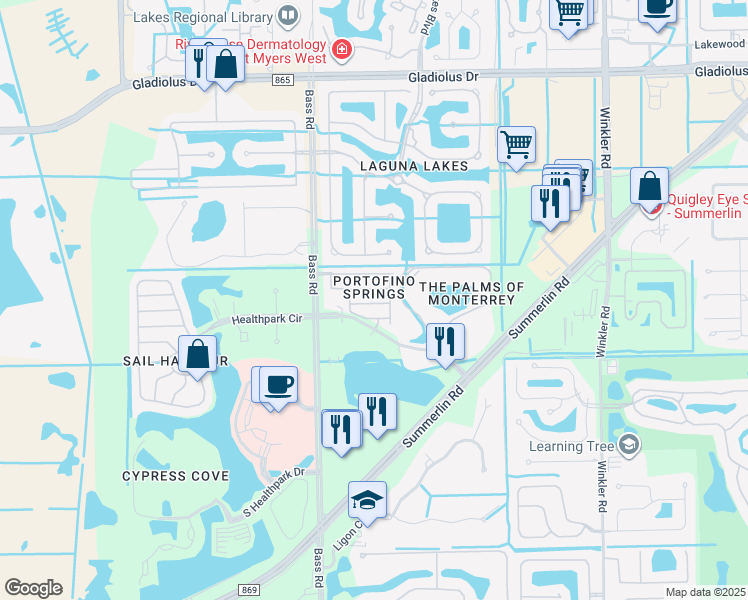 map of restaurants, bars, coffee shops, grocery stores, and more near 15830 Portofino Springs Boulevard in Fort Myers