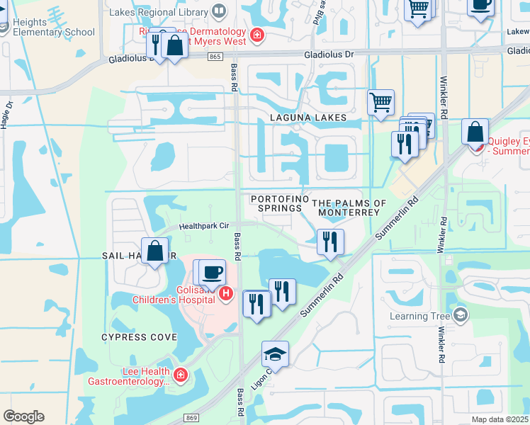 map of restaurants, bars, coffee shops, grocery stores, and more near 15830 Portofino Springs Boulevard in Fort Myers