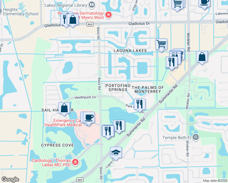 map of restaurants, bars, coffee shops, grocery stores, and more near 15830 Portofino Springs Boulevard in Fort Myers