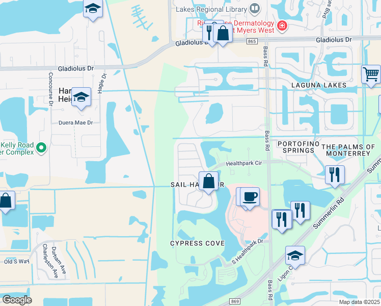 map of restaurants, bars, coffee shops, grocery stores, and more near 9700 Healthpark Circle in Fort Myers