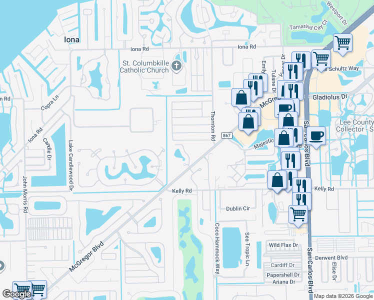 map of restaurants, bars, coffee shops, grocery stores, and more near 15770 Windward Way Circle in Fort Myers