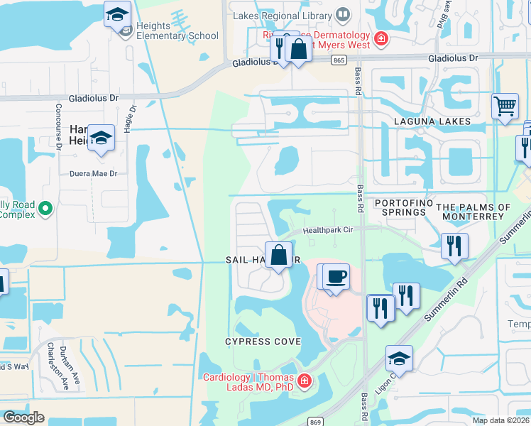 map of restaurants, bars, coffee shops, grocery stores, and more near 16026 Via Solera Circle in Fort Myers