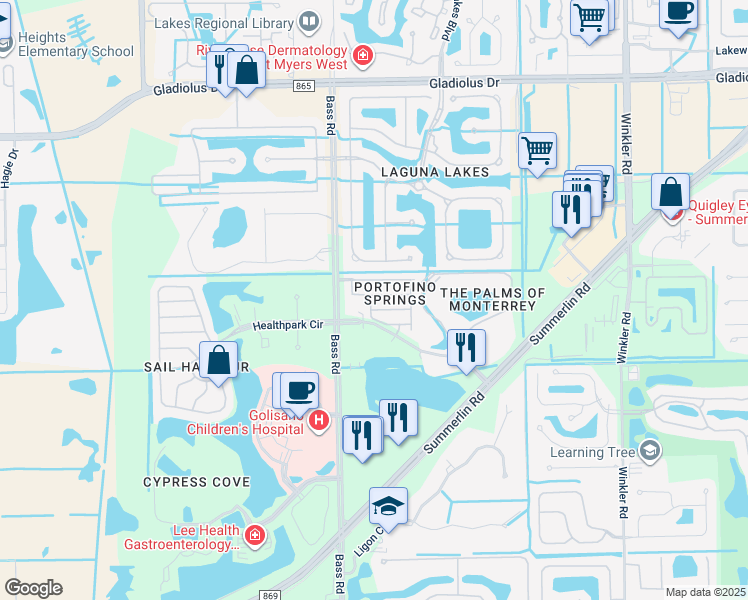 map of restaurants, bars, coffee shops, grocery stores, and more near 15830 Portofino Springs Boulevard in Fort Myers