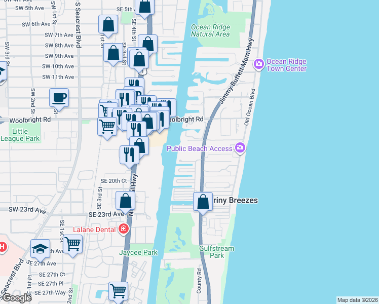 map of restaurants, bars, coffee shops, grocery stores, and more near 5610 North Ocean Boulevard in Boynton Beach
