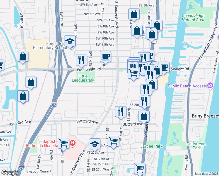 map of restaurants, bars, coffee shops, grocery stores, and more near 229 Main Boulevard in Boynton Beach
