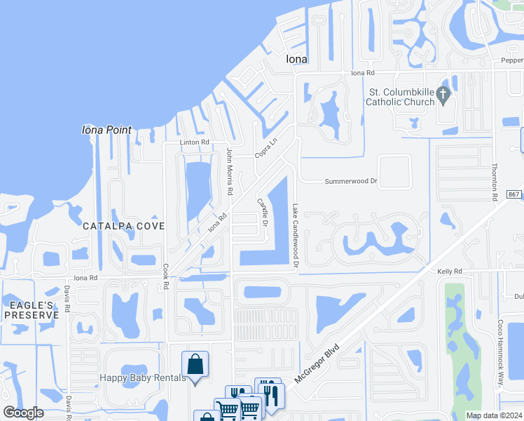 map of restaurants, bars, coffee shops, grocery stores, and more near 12860 Timothy Lane in Fort Myers
