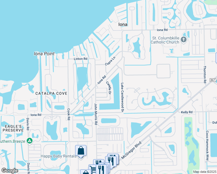 map of restaurants, bars, coffee shops, grocery stores, and more near 15727 Candle Drive in Fort Myers