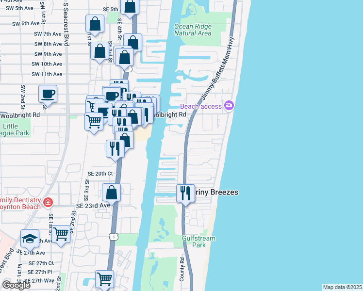 map of restaurants, bars, coffee shops, grocery stores, and more near 5550 North Ocean Boulevard in Ocean Ridge