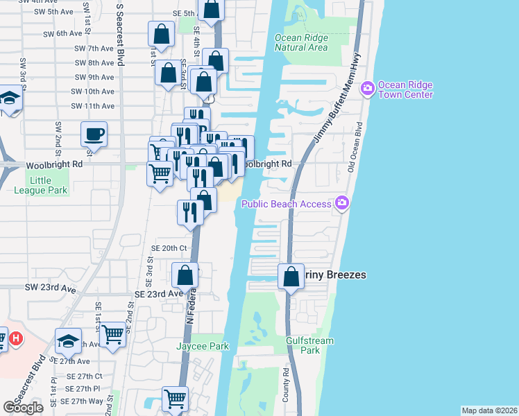 map of restaurants, bars, coffee shops, grocery stores, and more near 5610 North Ocean Boulevard in Boynton Beach