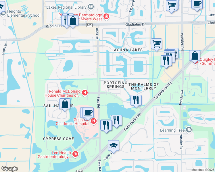 map of restaurants, bars, coffee shops, grocery stores, and more near 9470 Sardinia Way in Fort Myers