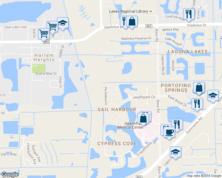 map of restaurants, bars, coffee shops, grocery stores, and more near 9700 Healthpark Circle in Fort Myers