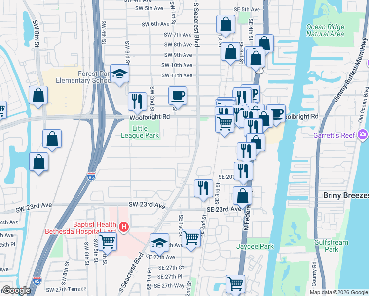 map of restaurants, bars, coffee shops, grocery stores, and more near 229 Main Boulevard in Boynton Beach