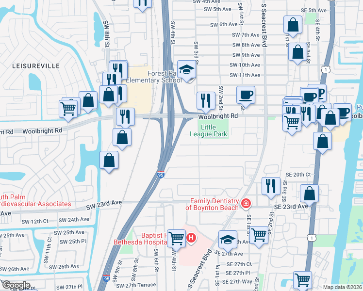 map of restaurants, bars, coffee shops, grocery stores, and more near 360 Main Boulevard in Boynton Beach