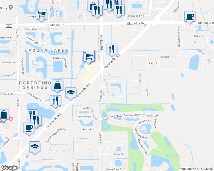 map of restaurants, bars, coffee shops, grocery stores, and more near 15760 Prentiss Pointe Circle in Fort Myers