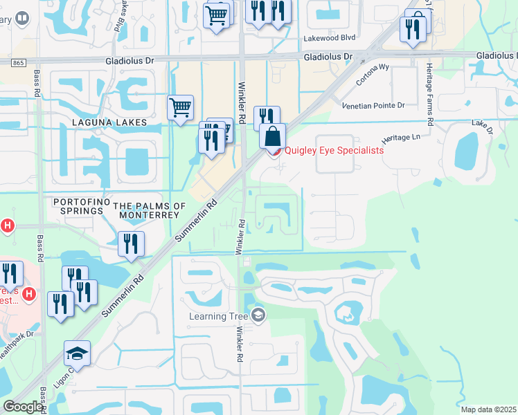 map of restaurants, bars, coffee shops, grocery stores, and more near 15760 Prentiss Pointe Circle in Fort Myers