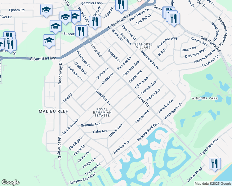 map of restaurants, bars, coffee shops, grocery stores, and more near Easter Avenue in Freeport