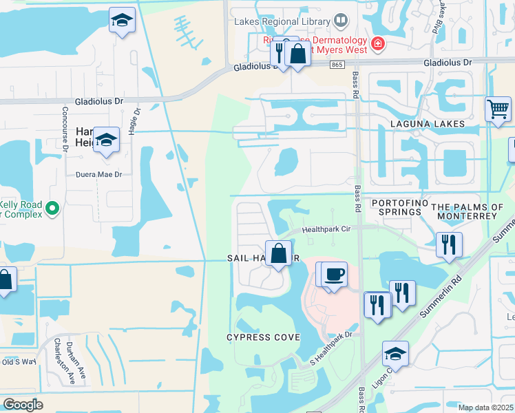 map of restaurants, bars, coffee shops, grocery stores, and more near 16033 Via Solera Circle in Fort Myers
