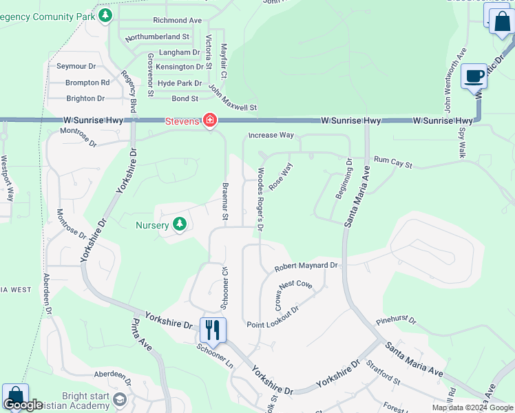 map of restaurants, bars, coffee shops, grocery stores, and more near Rose Way in Freeport