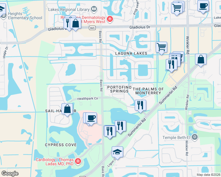 map of restaurants, bars, coffee shops, grocery stores, and more near 9470 Sardinia Way in Fort Myers