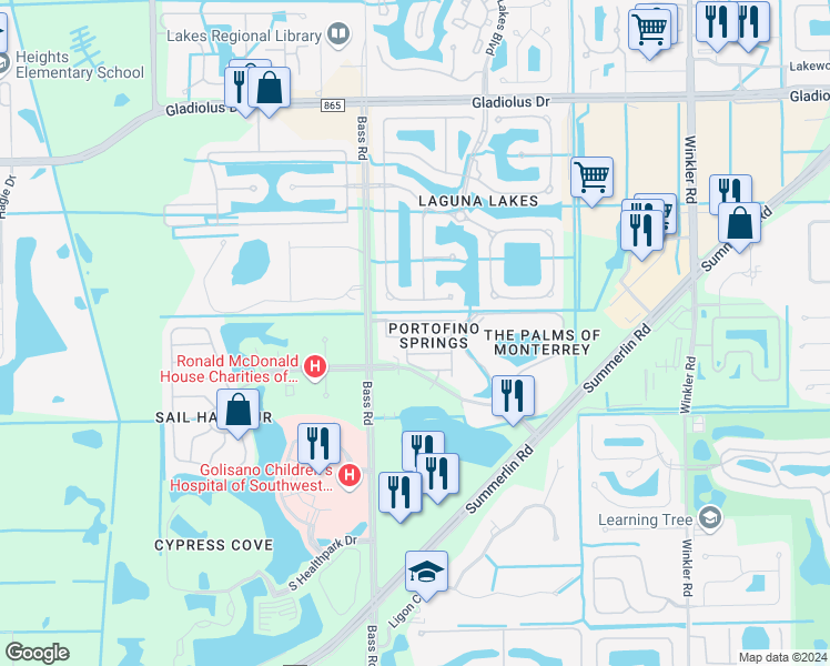 map of restaurants, bars, coffee shops, grocery stores, and more near 9460 Sardinia Way in Fort Myers