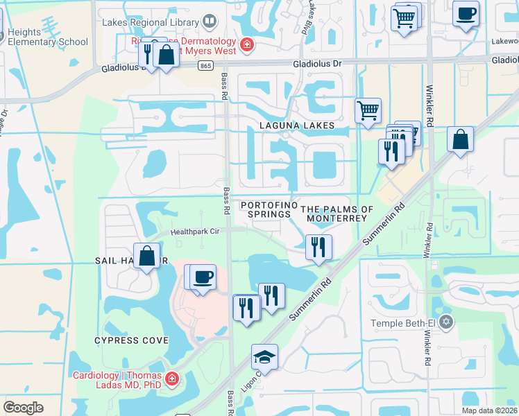 map of restaurants, bars, coffee shops, grocery stores, and more near 9460 Sardinia Way in Fort Myers