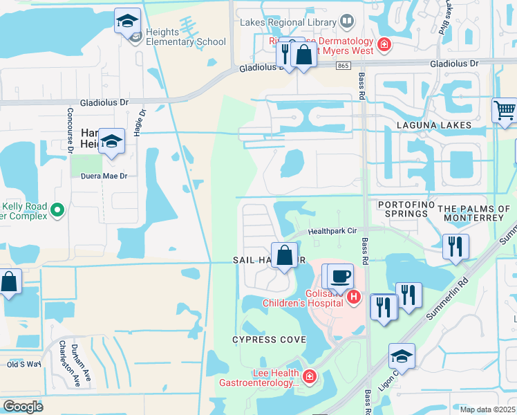 map of restaurants, bars, coffee shops, grocery stores, and more near 16053 Via Solera Circle in Fort Myers