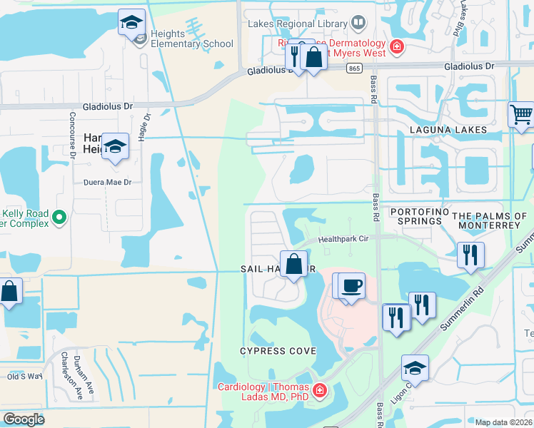 map of restaurants, bars, coffee shops, grocery stores, and more near 16053 Via Solera Circle in Fort Myers