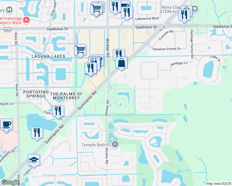 map of restaurants, bars, coffee shops, grocery stores, and more near Prentiss Pointe Circle in Lee County