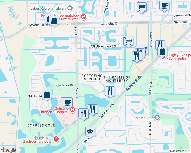 map of restaurants, bars, coffee shops, grocery stores, and more near 15320 Sonoma Drive in Fort Myers
