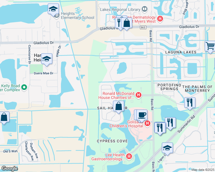 map of restaurants, bars, coffee shops, grocery stores, and more near 9700 Healthpark Circle in Fort Myers