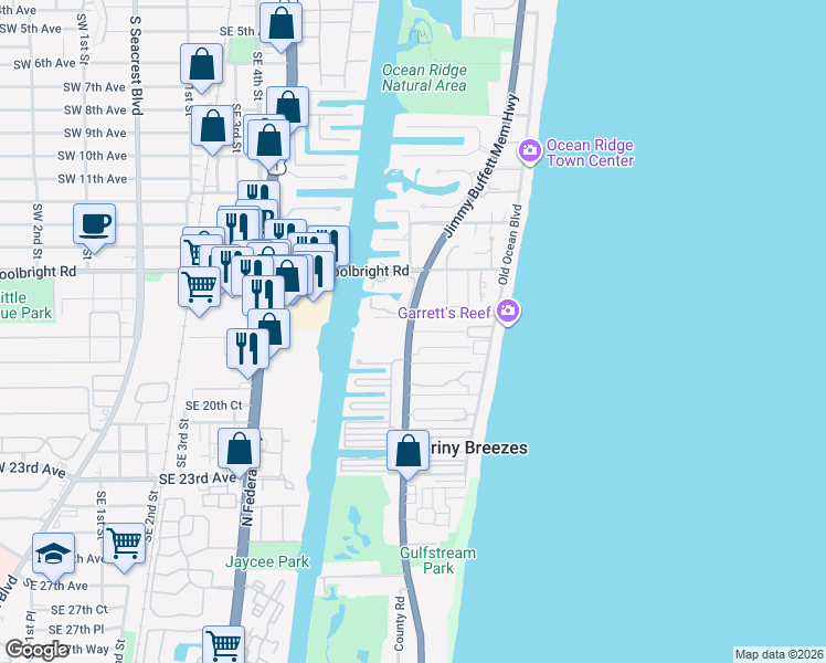 map of restaurants, bars, coffee shops, grocery stores, and more near 5550 North Ocean Boulevard in Ocean Ridge