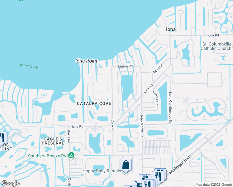 map of restaurants, bars, coffee shops, grocery stores, and more near 15759 Caloosa Creek Circle in Fort Myers