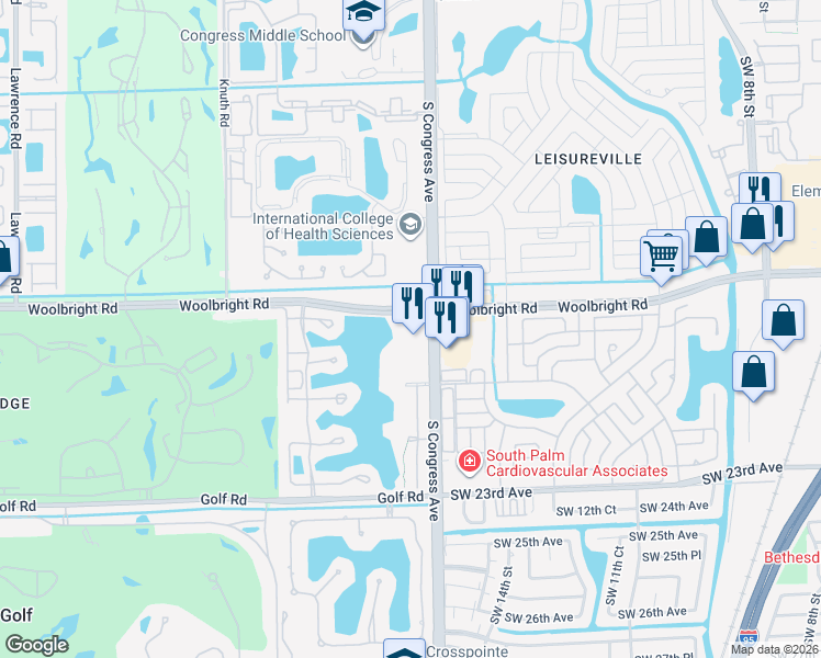 map of restaurants, bars, coffee shops, grocery stores, and more near 1601 South Congress Avenue in Boynton Beach