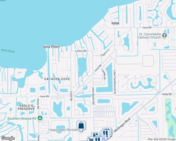 map of restaurants, bars, coffee shops, grocery stores, and more near 15556 Caloosa Creek Circle in Fort Myers