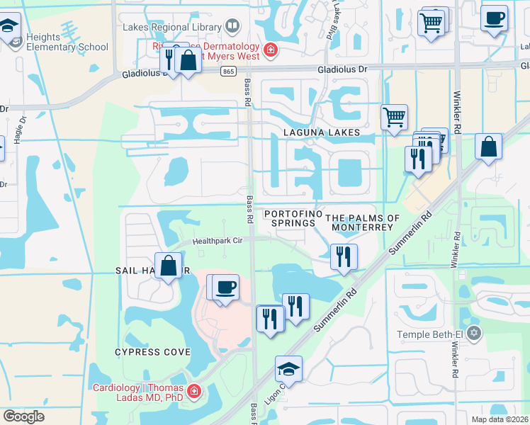 map of restaurants, bars, coffee shops, grocery stores, and more near 9470 Sardinia Way in Fort Myers