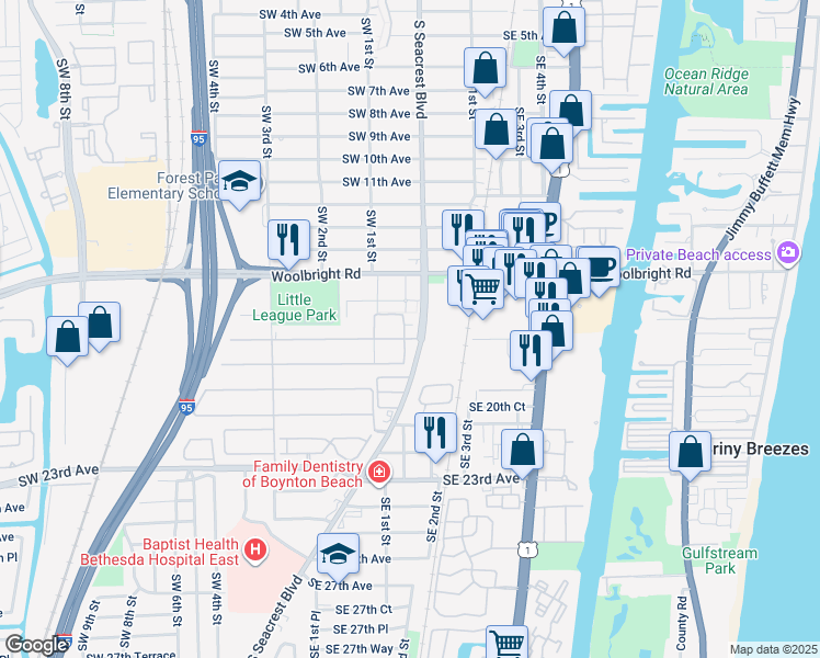 map of restaurants, bars, coffee shops, grocery stores, and more near 1901 Main Boulevard in Boynton Beach