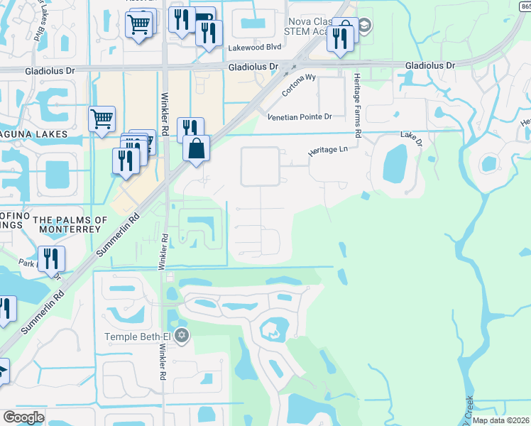 map of restaurants, bars, coffee shops, grocery stores, and more near 3680 Woodstork Court in Fort Myers